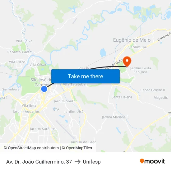 Av. Dr. João Guilhermino, 37 to Unifesp map