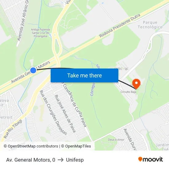 Av. General Motors, 0 to Unifesp map
