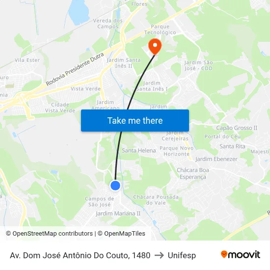 Av. Dom José Antônio Do Couto, 1480 to Unifesp map