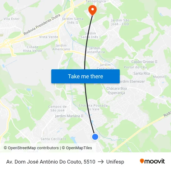 Av. Dom José Antônio Do Couto, 5510 to Unifesp map