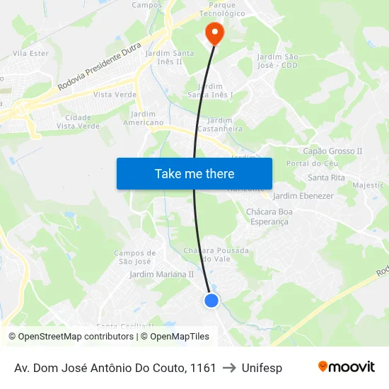 Av. Dom José Antônio Do Couto, 1161 to Unifesp map