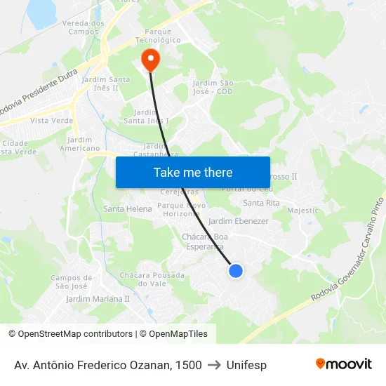 Av. Antônio Frederico Ozanan, 1500 to Unifesp map