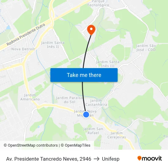 Av. Presidente Tancredo Neves, 2946 to Unifesp map