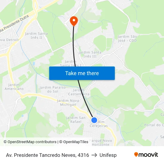 Av. Presidente Tancredo Neves, 4316 to Unifesp map