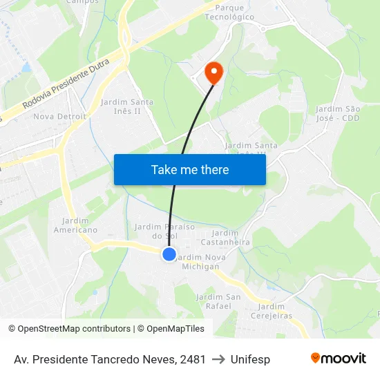 Av. Presidente Tancredo Neves, 2481 to Unifesp map
