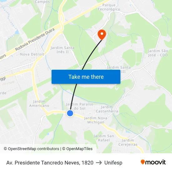Av. Presidente Tancredo Neves, 1820 to Unifesp map
