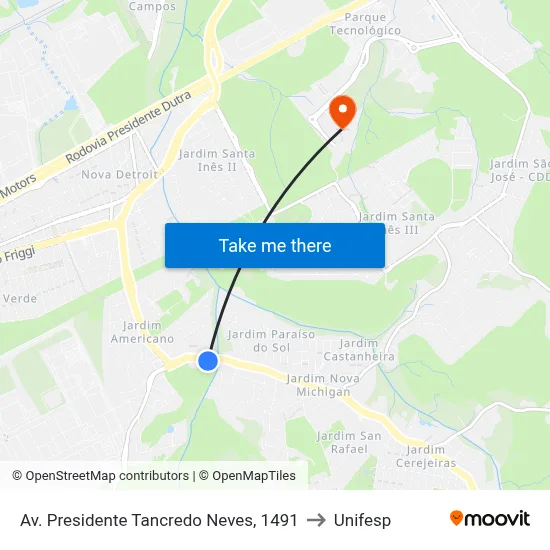 Av. Presidente Tancredo Neves, 1491 to Unifesp map