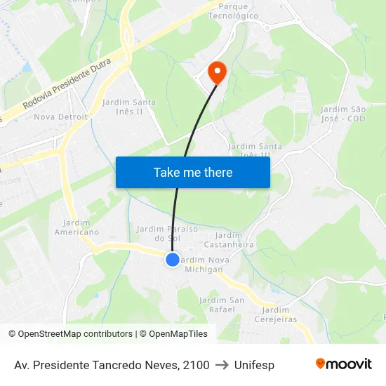 Av. Presidente Tancredo Neves, 2100 to Unifesp map