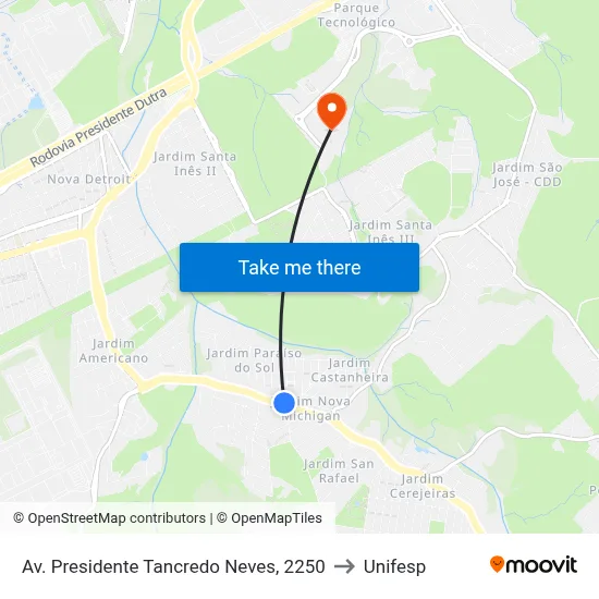 Av. Presidente Tancredo Neves, 2250 to Unifesp map