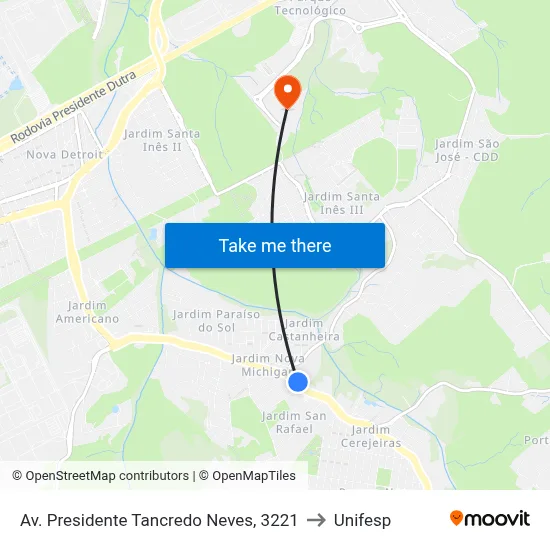 Av. Presidente Tancredo Neves, 3221 to Unifesp map