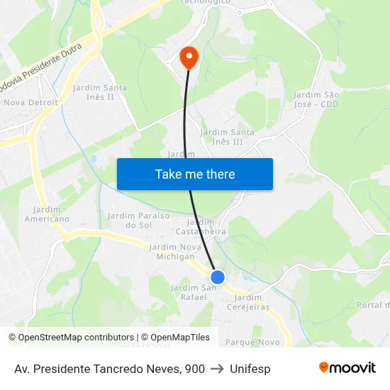 Av. Presidente Tancredo Neves, 900 to Unifesp map