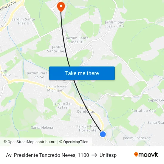 Av. Presidente Tancredo Neves, 1100 to Unifesp map