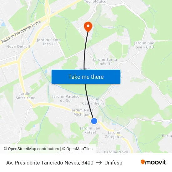 Av. Presidente Tancredo Neves, 3400 to Unifesp map