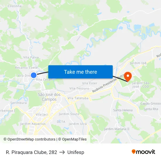 R. Piraquara Clube, 282 to Unifesp map