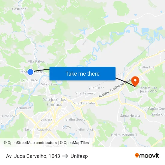 Av. Juca Carvalho, 1043 to Unifesp map