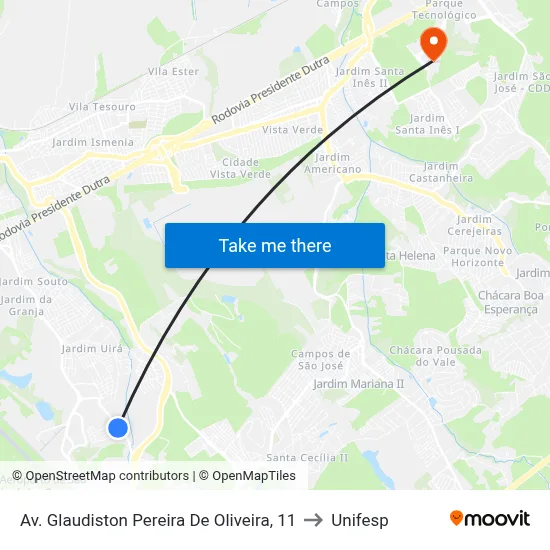 Av. Glaudiston Pereira De Oliveira, 11 to Unifesp map