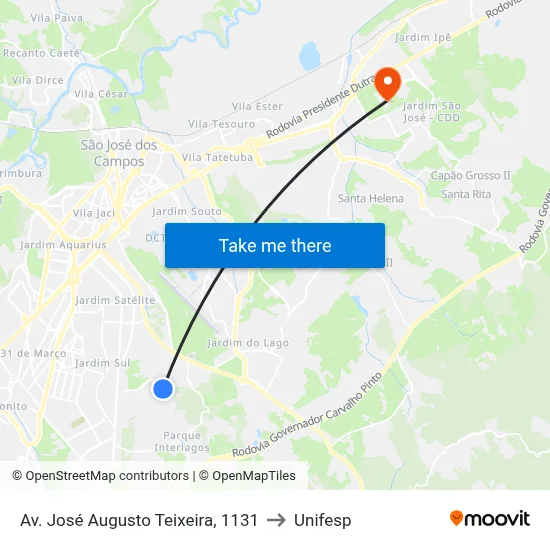Av. José Augusto Teixeira, 1131 to Unifesp map
