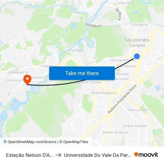 Estação Nelson D'Avila to Universidade Do Vale Da Paraíba map