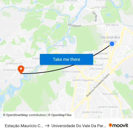 Estação Maurício Cury to Universidade Do Vale Da Paraíba map