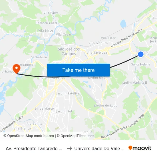 Av. Presidente Tancredo Neves, 2481 to Universidade Do Vale Da Paraíba map