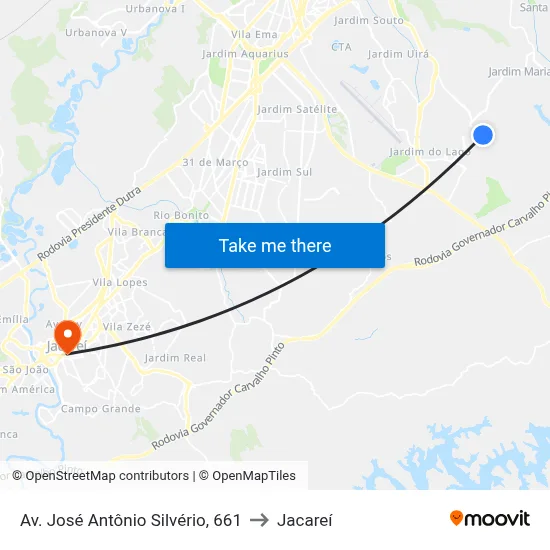 Av. José Antônio Silvério, 661 to Jacareí map