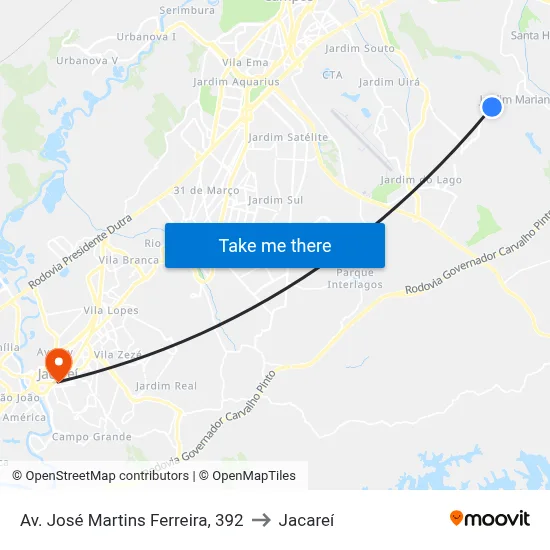 Av. José Martins Ferreira, 392 to Jacareí map