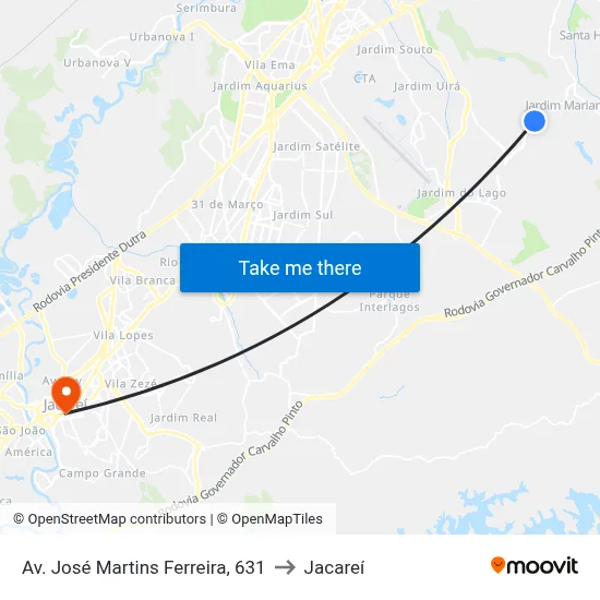 Av. José Martins Ferreira, 631 to Jacareí map