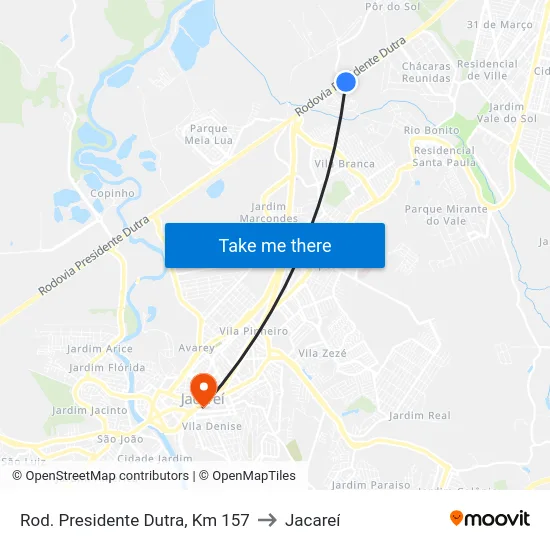 Rod. Presidente Dutra, Km 157 to Jacareí map
