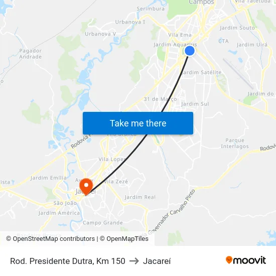 Rod. Presidente Dutra, Km 150 to Jacareí map