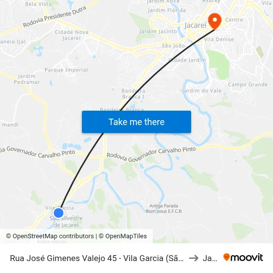 Rua José Gimenes Valejo 45 - Vila Garcia (São Silvestre) SP 12341-050 Brasil to Jacareí map