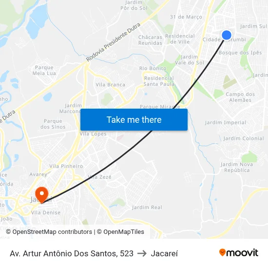 Av. Artur Antônio Dos Santos, 523 to Jacareí map