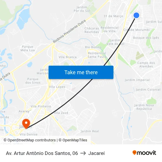 Av. Artur Antônio Dos Santos, 06 to Jacareí map