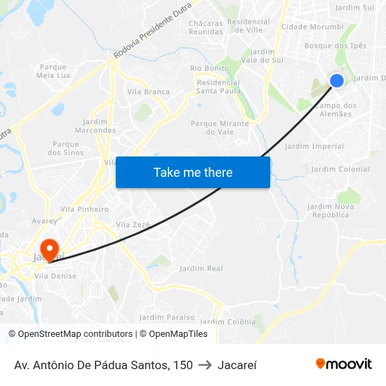 Av. Antônio De Pádua Santos, 150 to Jacareí map