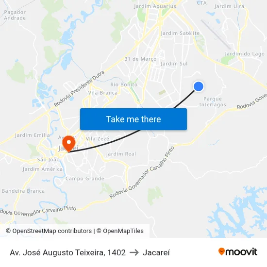 Av. José Augusto Teixeira, 1402 to Jacareí map