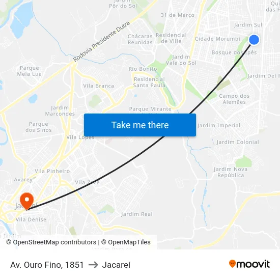 Av. Ouro Fino, 1851 to Jacareí map