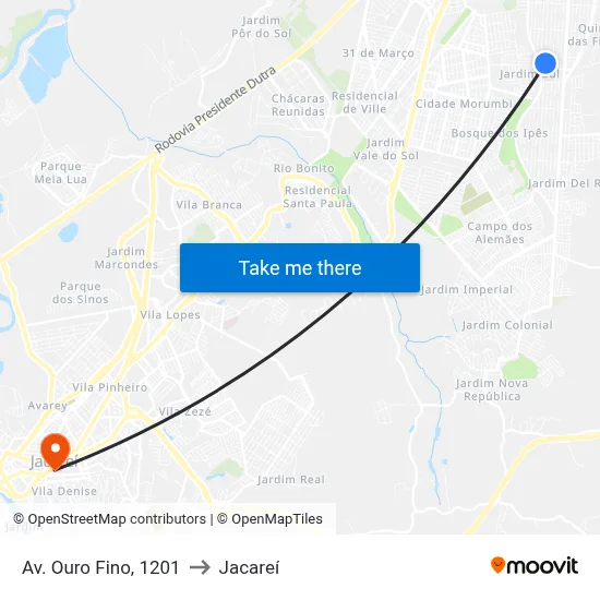 Av. Ouro Fino, 1201 to Jacareí map