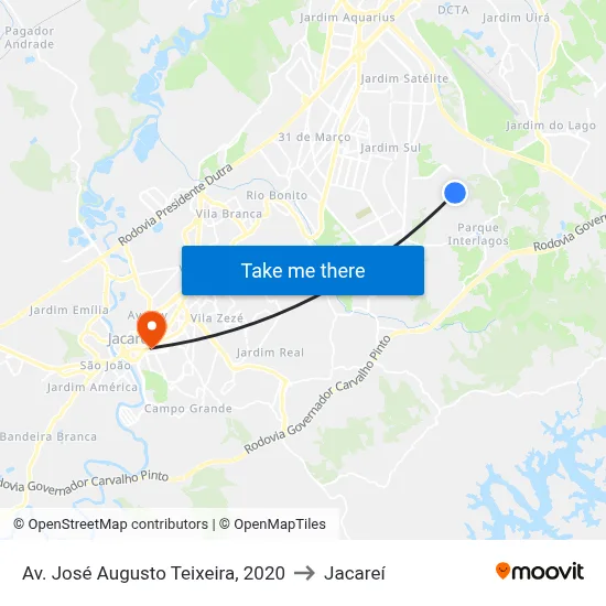 Av. José Augusto Teixeira, 2020 to Jacareí map