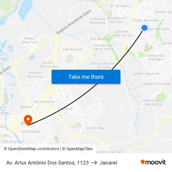 Av. Artur Antônio Dos Santos, 1123 to Jacareí map