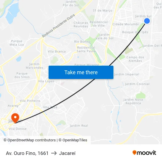 Av. Ouro Fino, 1661 to Jacareí map