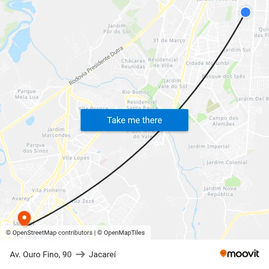 Av. Ouro Fino, 90 to Jacareí map