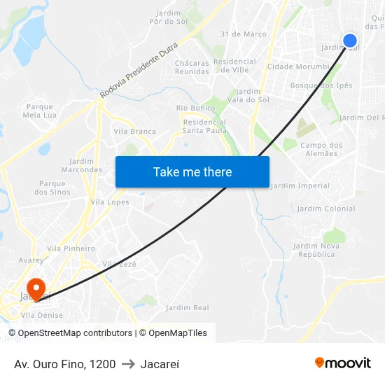Av. Ouro Fino, 1200 to Jacareí map