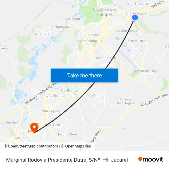 Marginal Rodovia Presidente Dutra, S/Nº to Jacareí map