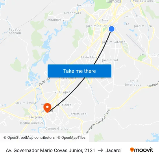 Av. Governador Mário Covas Júnior, 2121 to Jacareí map