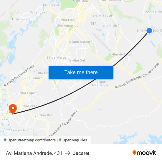 Av. Mariana Andrade, 431 to Jacareí map