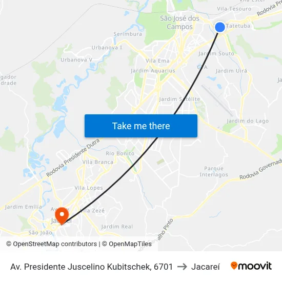 Av. Presidente Juscelino Kubitschek, 6701 to Jacareí map
