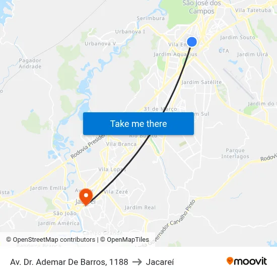 Av. Dr. Ademar De Barros, 1188 to Jacareí map
