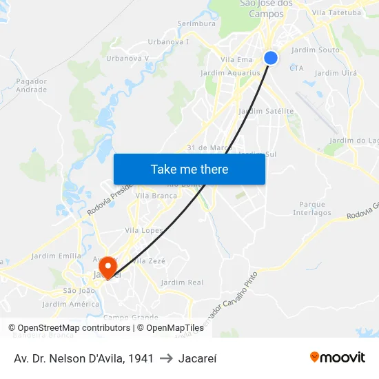 Av. Dr. Nelson D'Avila, 1941 to Jacareí map