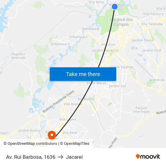Av. Rui Barbosa, 1636 to Jacareí map