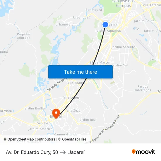 Av. Dr. Eduardo Cury, 50 to Jacareí map