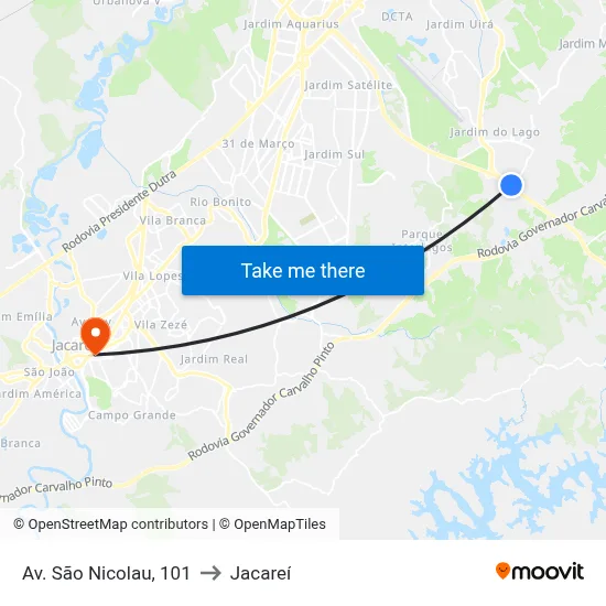 Av. São Nicolau, 101 to Jacareí map
